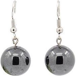 Edelstenen oorbellen Hematite Ball Big - oorhanger - sterling zilver (925) - hematiet - zwart - hoogglans