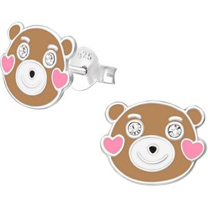 Joy|S - Zilveren beer oorbellen met roze hartjes - 10 x 8 mm - kristal - kinderoorbellen