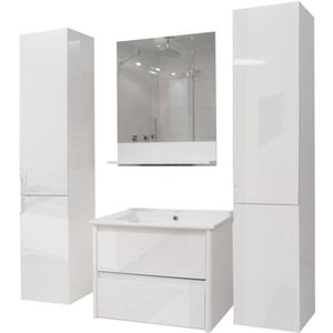 Badkamer set MCW-B19, wastafel wandspiegel 2x bovenkast, hoogglans ~ wit