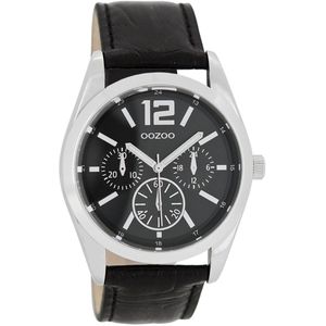 OOZOO Timepieces - Zilverkleurige horloge met zwarte leren band - C7623
