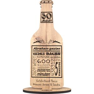 Bierfles abraham gezien - 50 jaar - houten wenskaart - kaart van hout 50ste verjaardaag - gepersonaliseerd - 10.5 x 29 cm