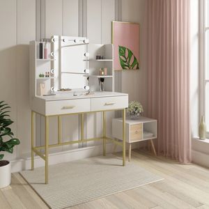 SimpleStore Make-up Tafel - Wit/Goud - Make up tafel met Spiegel - Kaptafel met spiegel - 2 laden