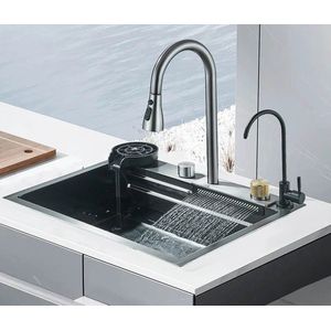 CozyLiving Gootsteen | Wastafel | Twee Kranen | Waterval | Glazenwasser | Inclusief Spoelbak En Snijtafel