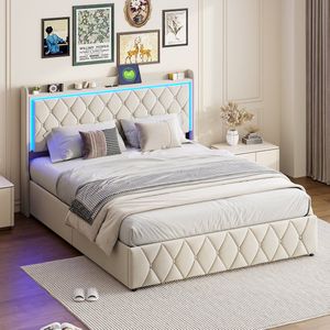 Opbergbed 140x200 cm met LED- en USB-poorten, gestoffeerd bedframe met lattenbodem, fluweelstof, eenvoudig te monteren, beige