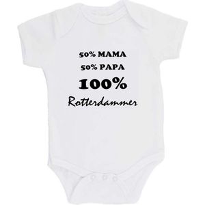 100% katoenen Romper ""50% mama, 50% papa, 100% ROTTERDAMMER"" Unisex Katoen Wit/zwart Maat 56/62