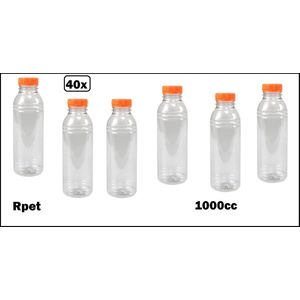 40x Flesje helder 1000cc met oranje dop- vernieuwd - gerecycled PET drinken jus sinas cola sappen dranken