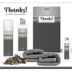 Geschenkset ""Thanks! Je bent een topper"" - 5 Producten - 650 Gram | Giftset voor hem - Luxe cadeaubox man - Douchegel - Deodorant - Scrubzout - Vader - Wellness - Pakket - Cadeau set bedankt - Bedankt - Thank You - Broer - Vriend - Collega - Zilver