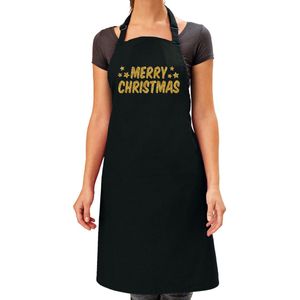 Merry Christmas cadeau keuken schort zwart met gouden glitters - volwassenen - Kerst kado schort - kerstdinner