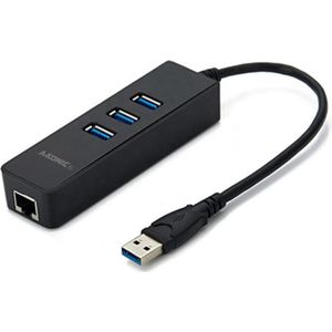 A-KONIC© USB 3.0 Naar Ethernet Lan Netwerk Adapter & 3X USB 3.0 | USB-A To Internet RJ45 Poort + 3 USB 3.0 poorten | 10/100/1000 Mbps | Surface | Dell | Lenovo | Asus | Acer | Zwart