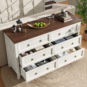 Ladekast, wit dressoir, eetkamerkast in vintage-stijl, met aluminium ladegrepen, werkblad in walnootkleur, voor slaapkamer, woonkamer, 6 ruime lades