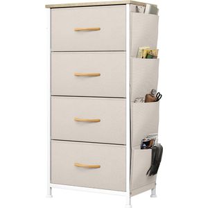 commode, 4 stoffen laden met handgrepen, opbergkast met haken, ladekast met zijvakken, kast, metalen frame, stoffen commode voor slaapkamer, woonkamer, hal, kantoor, beige