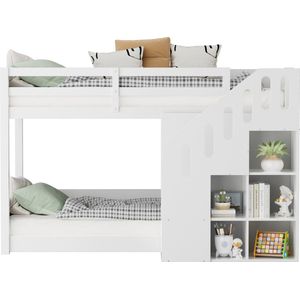 Merax Kinder Stapelbed 90x200 cm - Wit Etagenbed met Trap en Opbergruimte - Multifunctioneel en Ruim Ontwerp