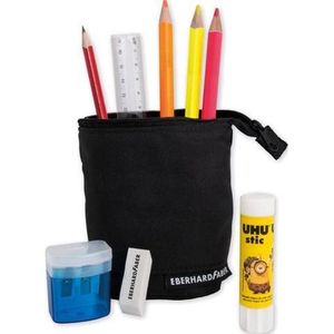 Bureauetui zwart gevuld met potloden, puntenslijper, gum en meer