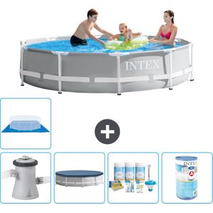 Intex Rond Prism Frame Zwembad - 305 x 76 cm - Grijs - Inclusief Pomp Afdekzeil - Onderhoudspakket - Filter - Grondzeil - Solar Mat