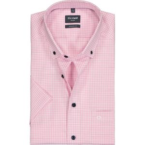 OLYMP modern fit overhemd - korte mouw - popeline - roze met wit geruit - Strijkvrij - Boordmaat: 41