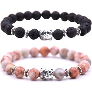 Kralen armband buddha / boedha bedel - Armband dames / heren / unisex - Natuursteen kralen bandje - Elastiek 19 cm - 8mm stenen - Armbandenset (2 stuks) - Vulkanisch zwart & koraal