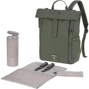 Luiertas met aankleedkussen - Kinderwagenopzetstuk - Flessenhouder - Duurzaam geproduceerd - Rolltop - Olijf Olivo - Modern en milieuvriendelijk