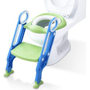 Potty Trainer Kinderpotje Toiletbril Trainer Seat voor kinderen zindelijkheidstraining met ladder / trap, antislip stabiel opvouwbaar en in hoogte verstelbaar voor 1-7 jaar kinderen blauw en groen