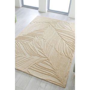 Flycarpets Lino Leaf Modern Laagpolig - 100% Wol Vloerkleed - Naturel / Creme - 120x170 cm