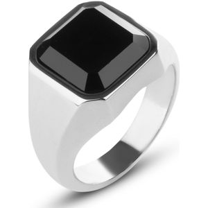 Zegelring Heren Zilver kleurig met Zwarte Steen - Staal - Heren Ring - Ringen Mannen - Cadeau voor Man - Mannen Cadeautjes Accesoires