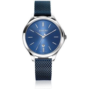 ZINZI Classy horloge 34mm blauwe wijzerplaat stalen kast en blauwe mesh band datum ZIW1042BM