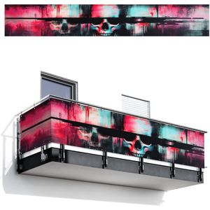 Balkonscherm 500x80 cm - Balkonposter Schedels - Glitch - Cyberpunk - Balkon scherm decoratie - Balkonschermen - Balkondoek zonnescherm