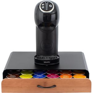 Capsulehouder met Lade – Koffiecups houder – Geschikt voor Dolce Gusto – 36 Cups - RVS - Zwart met Bamboe Hout
