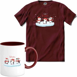 Kerst pinguin buddy's - T-Shirt met mok - Heren - Burgundy - Maat L