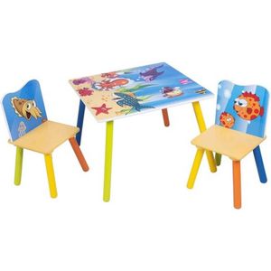 Kindertafel met 2 stoeltjes - stevig houten kindermeubel - speels zeedierenmotief - ideaal voor peuters & kleuters - kleurrijk design