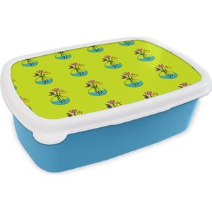 Broodtrommel Blauw - Lunchbox - Brooddoos - Bloemen - Vazen - Patronen - 18x12x6 cm - Kinderen - Jongen