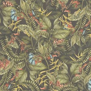 Bloemen behang Profhome 394251-GU vliesbehang hardvinyl warmdruk in reliëf licht gestructureerd in jungle stijl mat groen donkergroen rood geel 5,33 m2