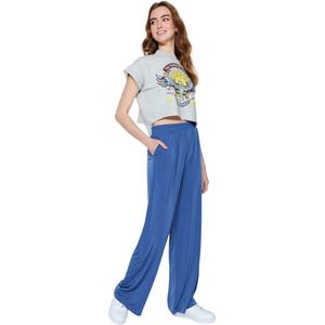 Trendyol Marineblauwe Wijde Pijpen/Relaxte Snit Hoge Taille Flexibele Broek Twoss23Pl00129