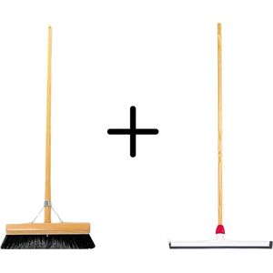 Synx Tools Paardenhaar 30cm + Vloertrekker Kunststof 55cm met Steel 150cm – Zaalveger – Vloerreiniger – Natuurrubber – Zachte binnenbezem met steel 130cm