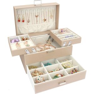 Sieradendoos, 3 lagen, grote sieradenkistje, grote sieradenorganizer met lade voor armbanden, oorbellen, ringen, halskettingen, horloges, wit