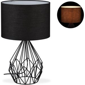 relaxdays tafellamp zwart - draadstaal - rond - stoffen lampenkap - nachtlampje - E27