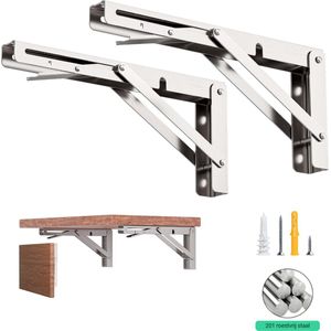 &ERGY - Inklapbare Plankdrager – Zilver - 2 stuks - Plankhouder – 35 cm – Plankdragers metaal – Plankdragers met schroef – Schapdrager – klapbare tafel - Wandplank industrieel – Inklapbaar bureau