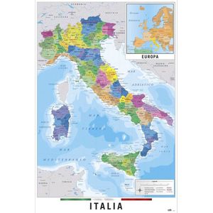 Italië kaart poster - geografie - aardrijkskunde - Rome - Milaan - Italiaanse tekst 61 x 91.5 cm