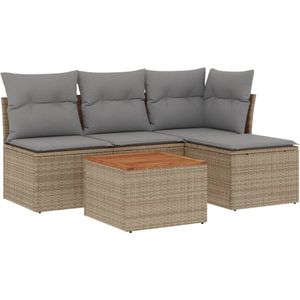 vidaXL - 5-delige - Loungeset - met - kussens - poly - rattan - gemengd - beige