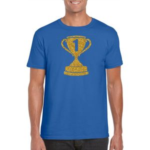 Gouden kampioens beker / nummer 1 t-shirt / kleding - blauw - voor heren - kampioens shirts / winnaars / outfit XL