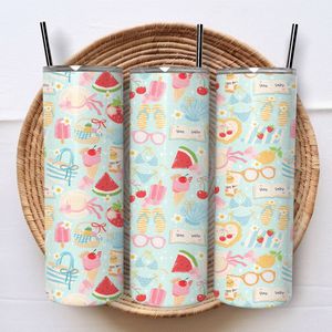 Creasowl® - Hello Summer - Roestvrijstalen Tumbler - Geïsoleerde beker - Koffiebeker - Drinkfles - Thermosbeker - 600ml - Warme en koude dranken - Anti lek dop - Ijzeren rietje - schoolbeker - To go beker - Kinderen - Volwassenen