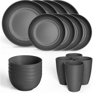 Camping Servies Set- 4 Borden en Schalen Plastic Borden Magnetron Vaatwasmachinebestendig (zwart)