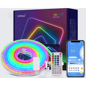 Q-Strips® - RGB Neon LED Strip 5 Meter - IP67 Waterdicht - Met App En Afstandsbediening - Smart LED-strip - 16 Miljoen Verschillende Kleuren - Kan Muziek Afspelen
