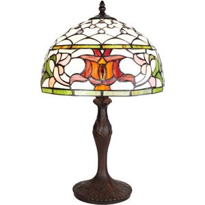 Tiffany Tafellamp Ø 30x49 cm Wit Groen Glas Rond Tiffany Bureaulamp Tiffany Lampen Glas in Lood