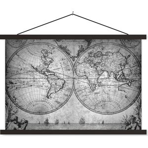 Posterhanger incl. Poster 150x100 cm - Schoolplaat - Wereldkaart - Antiek - Vintage - Kindje - Jongetje - Meisje - Textielposter - Zwarte latten