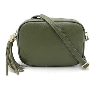 Leger Groene Leren Camera Tas Tassle - Trendy Leren Schoudertassen met kwastje - Goud beslag - Italiaans Leder - Leger Groen