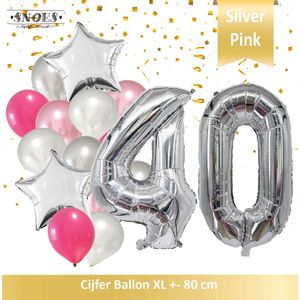 Cijfer Ballon 40 Jaar Zilver Roze White Pearl Boeket * Hoera 40 Jaar Verjaardag Decoratie Set van 15 Ballonnen * 80 cm Verjaardag Nummer Ballon * Snoes * Verjaardag Versiering * Verjaardag Decoratie * Silver Pink Pearl White* Nummer Ballon 40