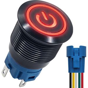 ProRide Metalen Drukschakelaar 12V ON-OFF met Aansluitkabel - 22mm - Aan/uit schakelaar - Spatwaterdicht - 12V/24V - LED Indicatie Rood