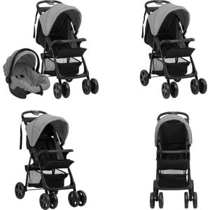 vidaXL Kinderwagen 3-in-1 staal lichtgrijs en zwart - Baby Kinderwagen - Baby Kinderwagens - Wandelwagen - Wandelwagens