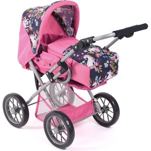 2-in-1 Poppenwagen met Draagtas en Sportstoel - Eenhoorn Design, Navy-Roze