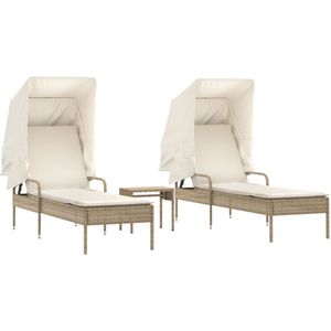 vidaXL Ligbed - Ligbedden - Tuinstoel - Tuinmeubel - Ligbedden 2 st met luifels en tafel poly rattan beige